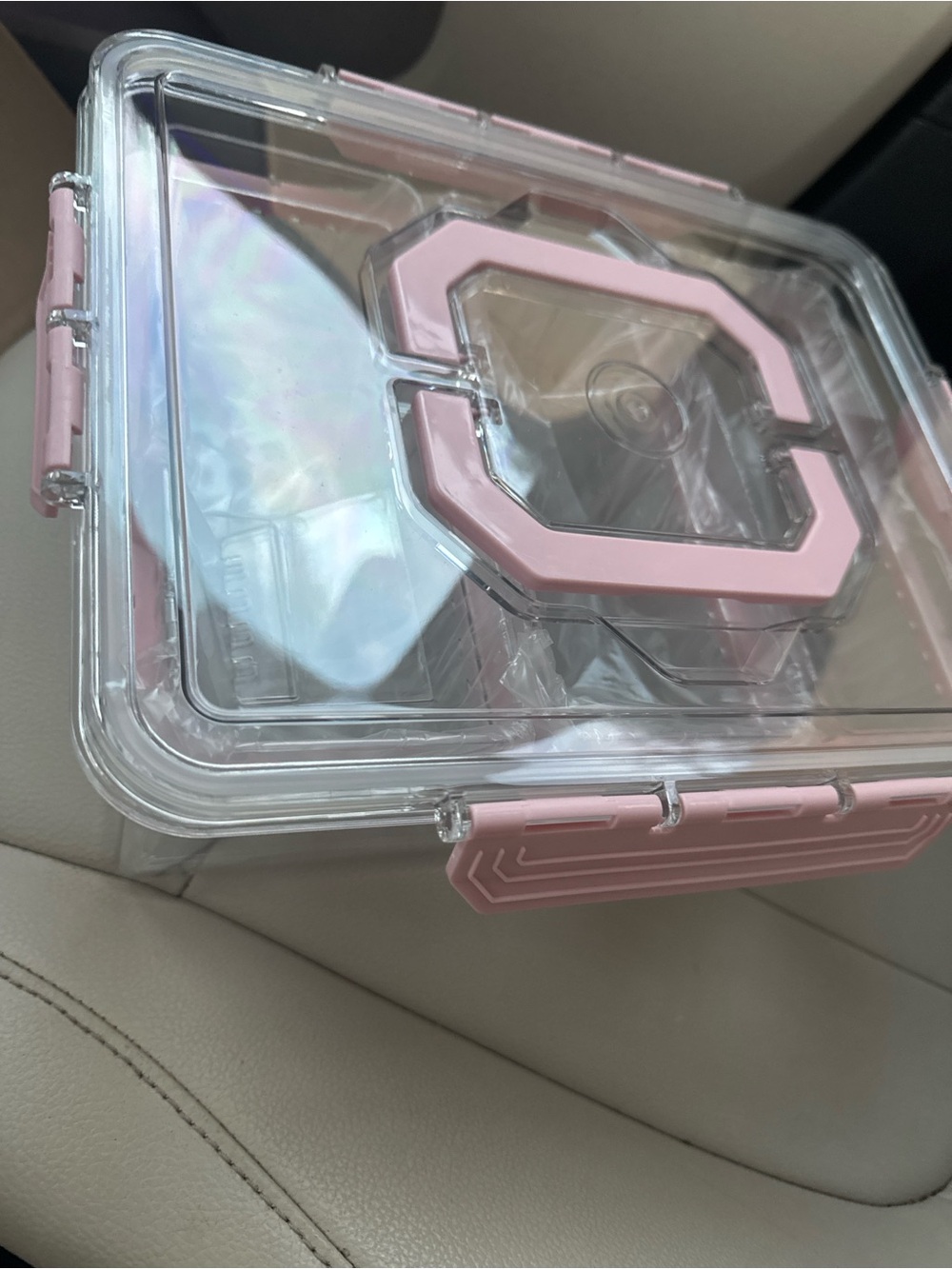 Clear Plastic Storage Box with Pink Latches - Home Organization